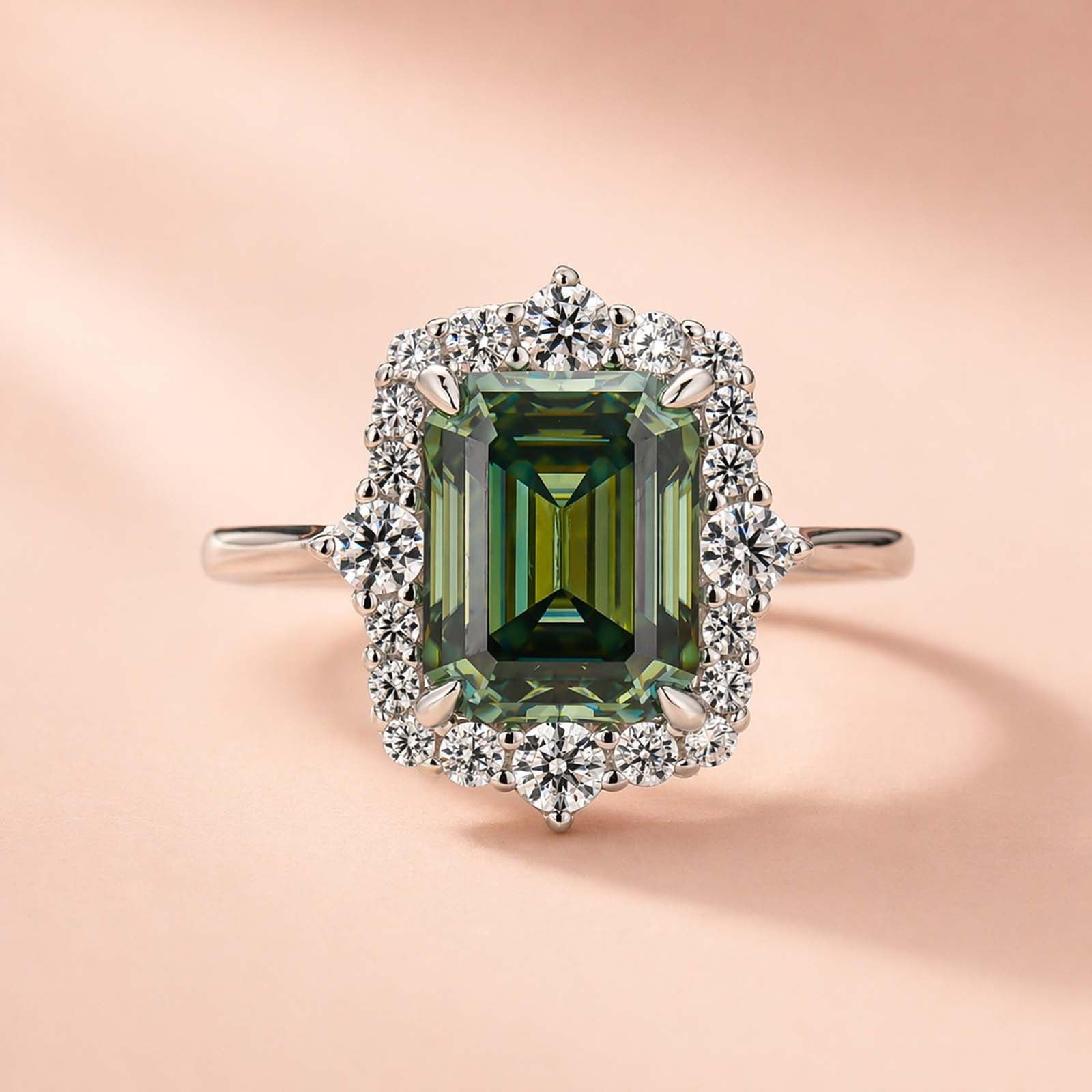 Aurevyn Moissanite 3.0Ct Halo Emerald Stone Emerald Cut Engagement Ring in Sterling Silver
