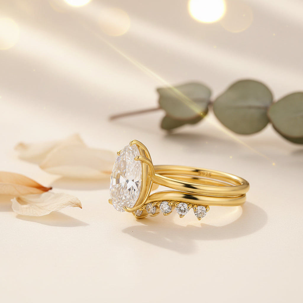 Aurevyn Moissanite 4.0 Ct Pear Cut Yellow Gold Engagement Ring For Women with Graduated Tiara Wedding Ring