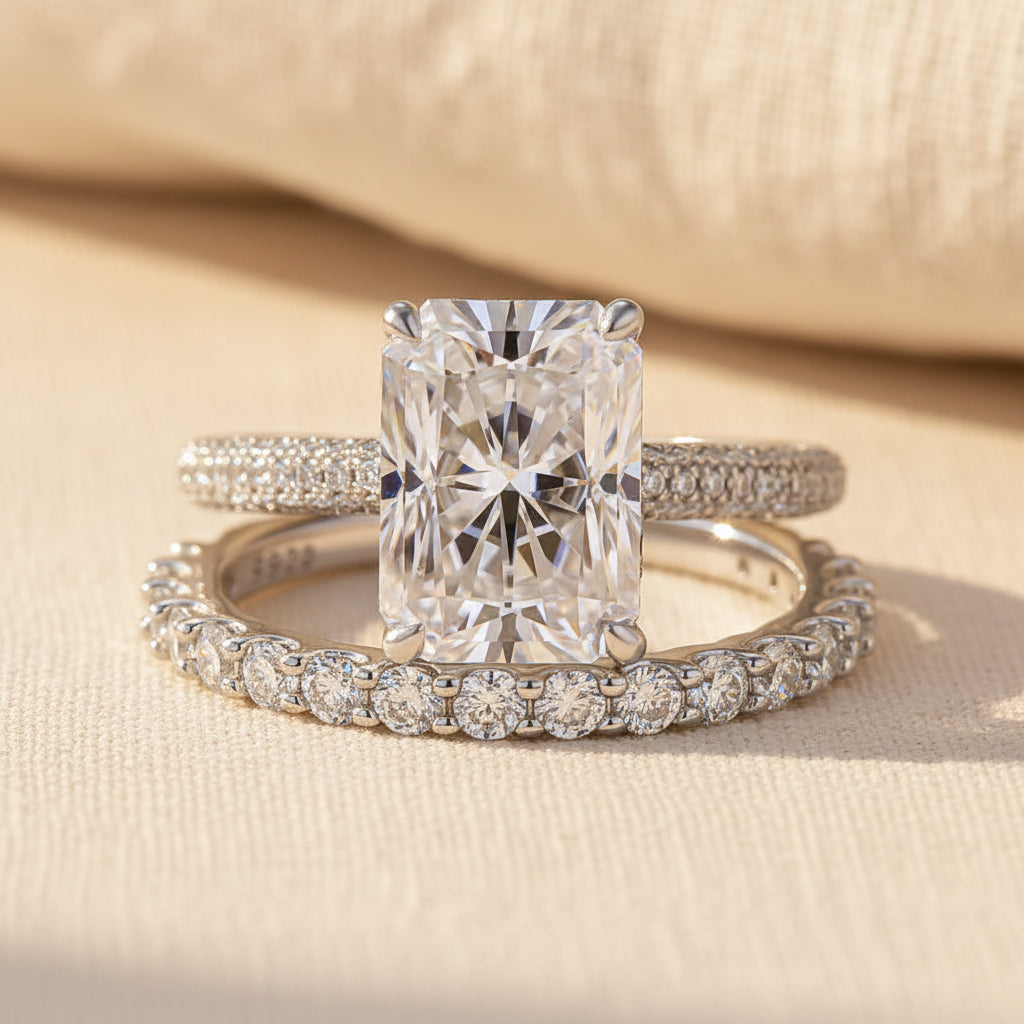 Aurevyn Moissanite 3.5Ct Radiant Cut White Gold Engagement Ring with Pavé Ring