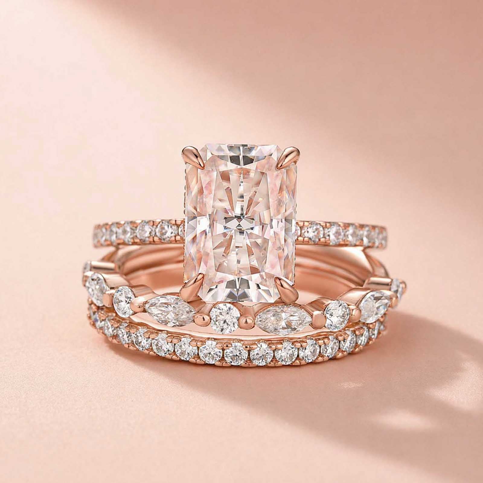 Aurevyn 3.5 Ct Radiant Cut Moissanite Diamond Wedding Ring with Round & Marquise Accents Bands