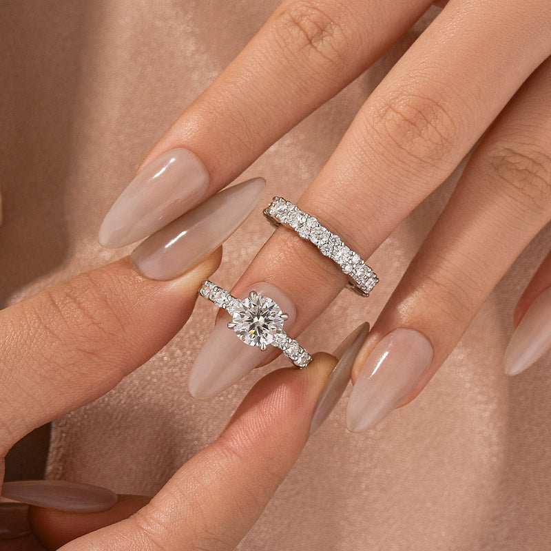 Aurevyn Moissanite 4.0Ct/3.0 Ct Round Cut White Gold Stack Wedding Ring with Round Cut Full Wedding Band