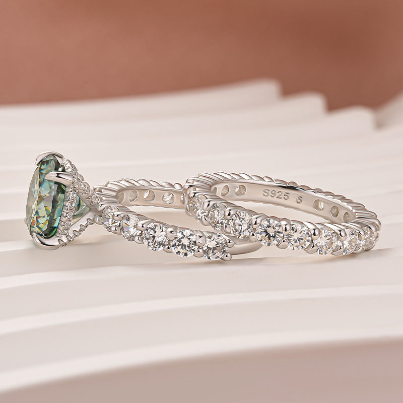 Aurevyn Moissanite 4.0Ct Turquoise Round Cut Side Stone White Gold Travel Bridal Set