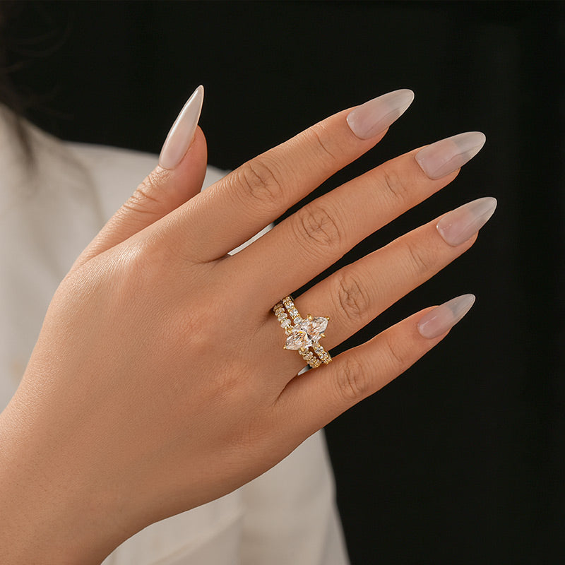 Aurevyn Moissanite 3.0Ct Marquise Cut Yellow Gold Wedding Ring with Oval Cut Wedding Ring