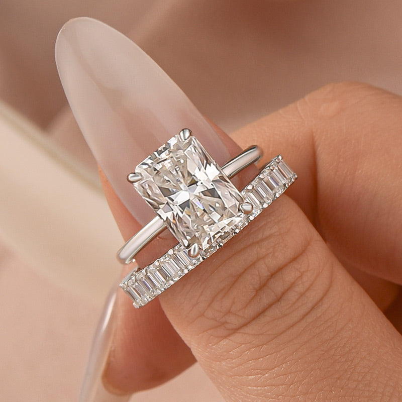Aurevyn Moissanite 4.5Ct Solitaire Radiant Cut White Gold Wedding Ring with Emerald Cut Wedding Ring