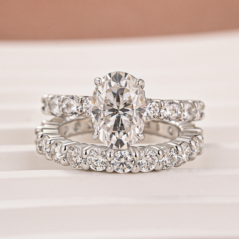 Aurevyn Moissanite 2.5Ct Oval Cut Side Stone White Gold Engagement Ring with Pavé Eternity Ring