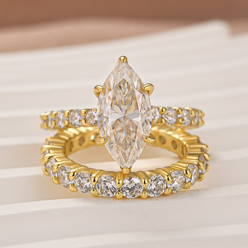 Aurevyn Moissanite 3.0Ct Marquise Side Stone Yellow Gold Travel Bridal Set