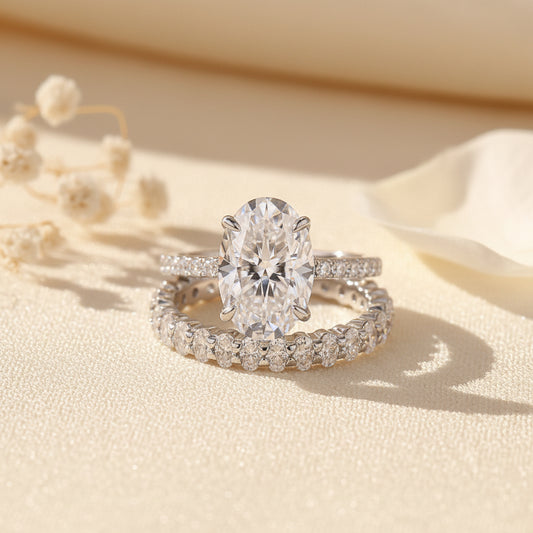 Aurevyn Moissanite 4.0Ct Hidden Halo Oval Cut White Gold Engagement Ring with 3.0Ct Oval Cut Wedding Band