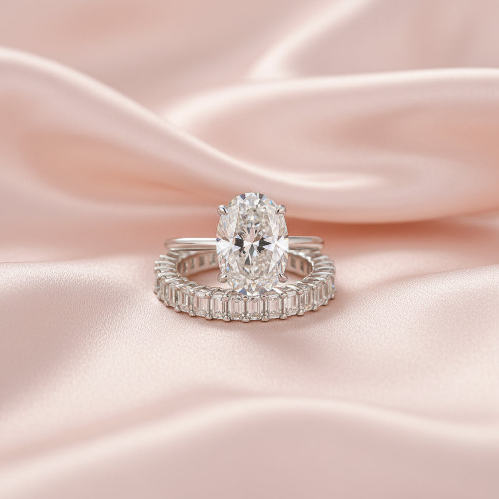 Aurevyn Moissanite 4.0Ct Solitaire Oval Cut/3.5Ct Emerald Cut White Gold Wedding Ring with Emerald Cut Wedding Ring