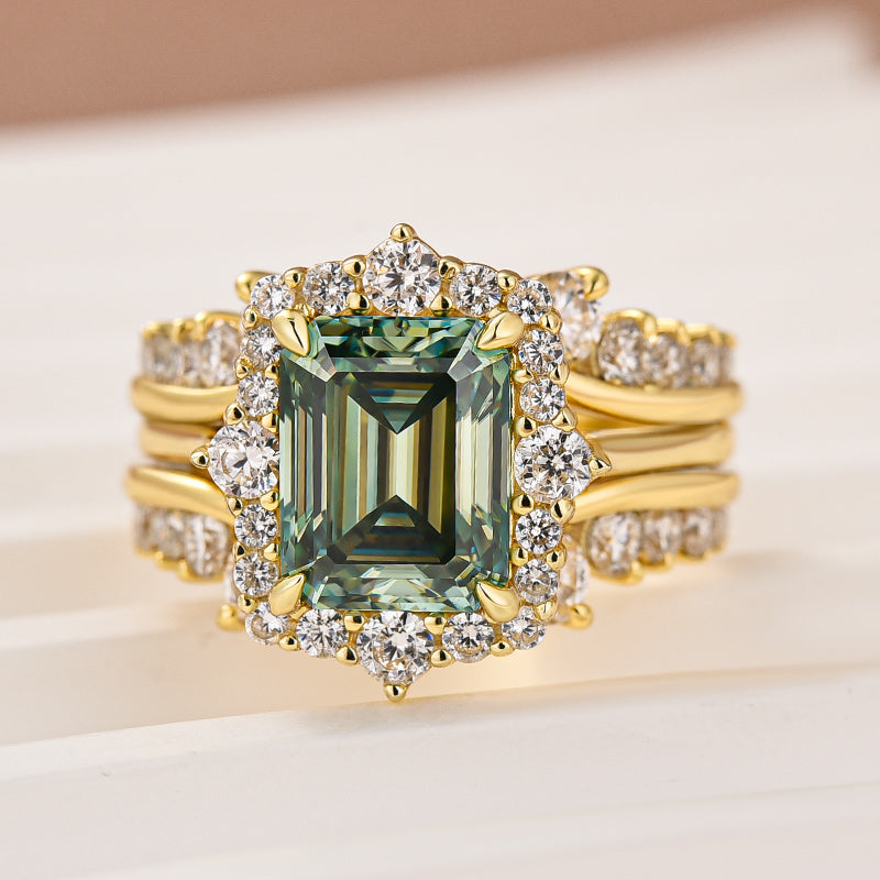 Aurevyn Moissanite 3.0Ct Yellow Gold Halo Emerald Stone Emerald Cut Engagement Ring with Enhancer Ring