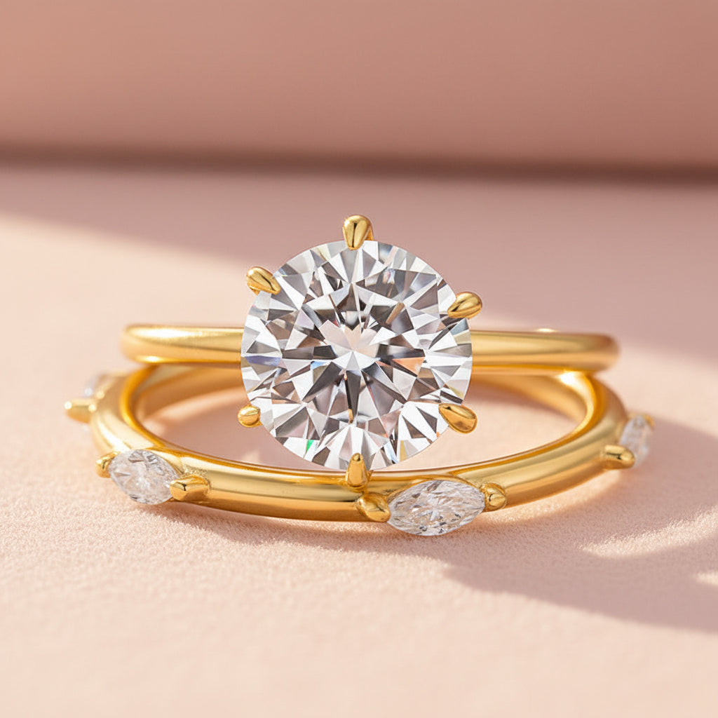 Aurevyn Moissanite 2.0Ct 6 Prong Solitaire Round Cut Engagement Ring with Marquise Cut Wedding Band