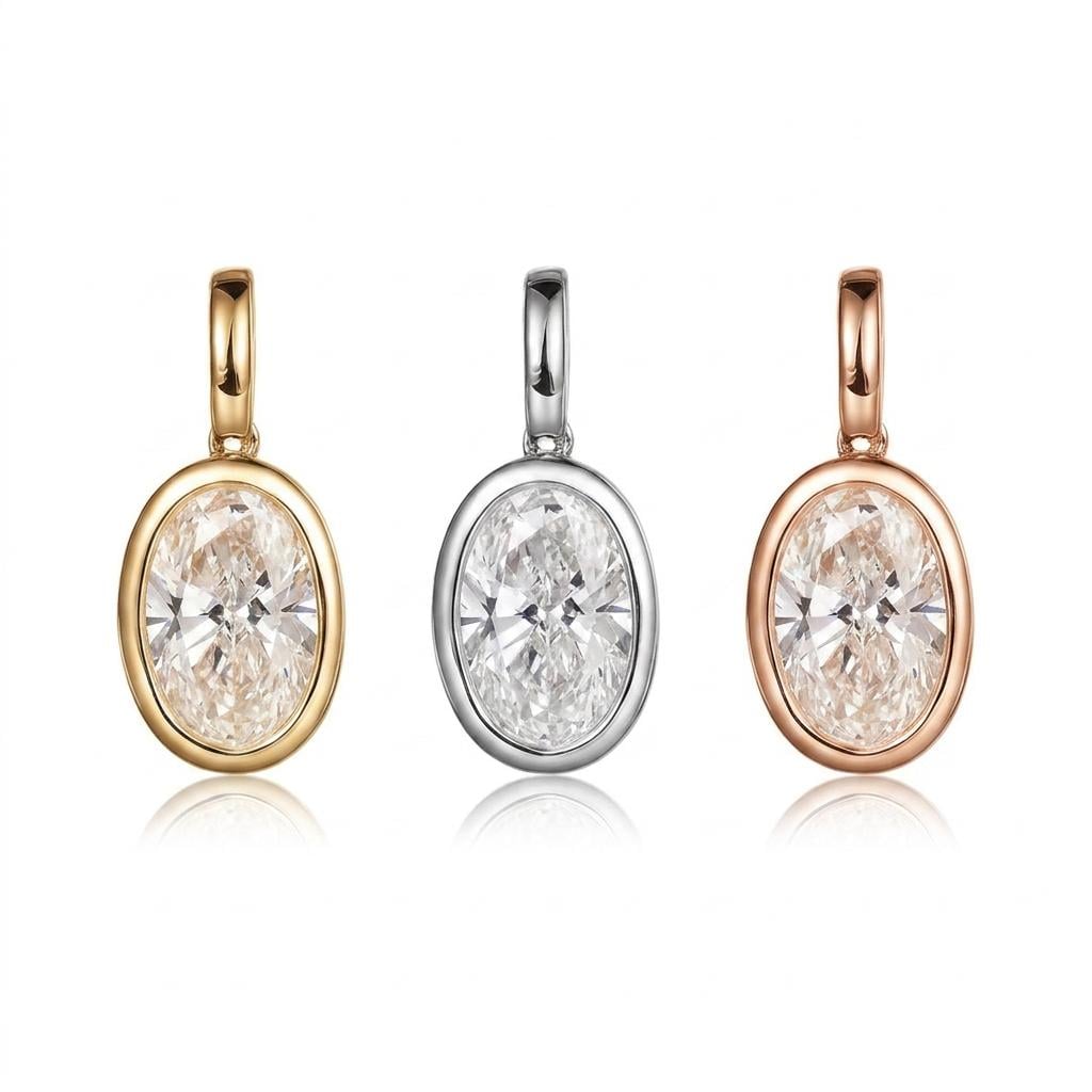 14K Solid Gold Oval Lab Diamond Bezel Pendant Necklace, Bezel Set Diamond Charm, Minimalist Gold Pendant, Universal Bail Jewelry Gift