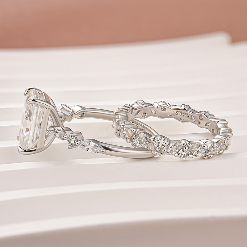 Aurevyn Moissanite 3.5 Ct Radiant Cut White Gold Engagement Ring with Marquise & Round Wedding Ring