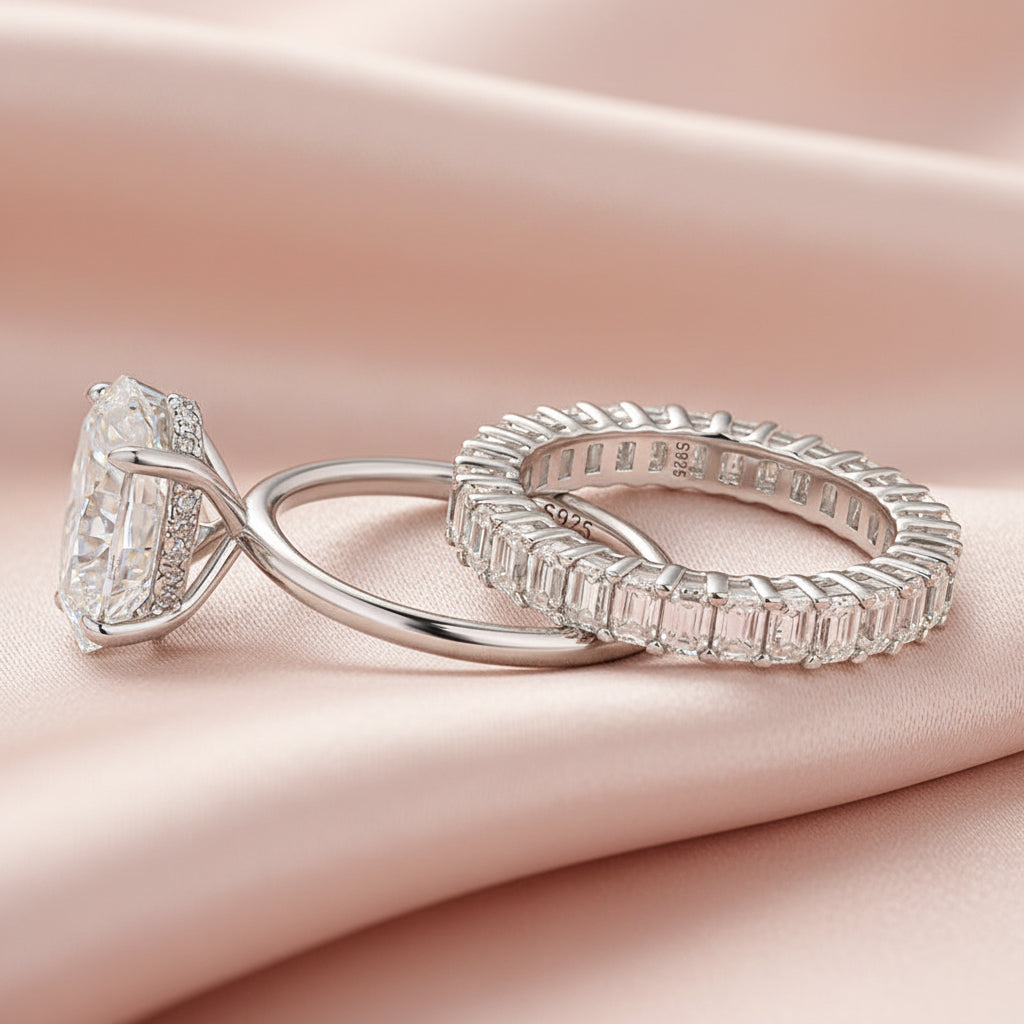 Aurevyn Moissanite 4.0Ct Solitaire Oval Cut/3.5Ct Emerald Cut White Gold Wedding Ring with Emerald Cut Wedding Ring