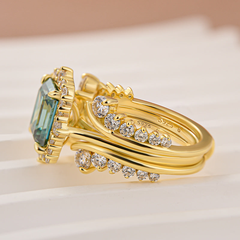 Aurevyn Moissanite 3.0Ct Yellow Gold Halo Emerald Stone Emerald Cut Engagement Ring with Enhancer Ring
