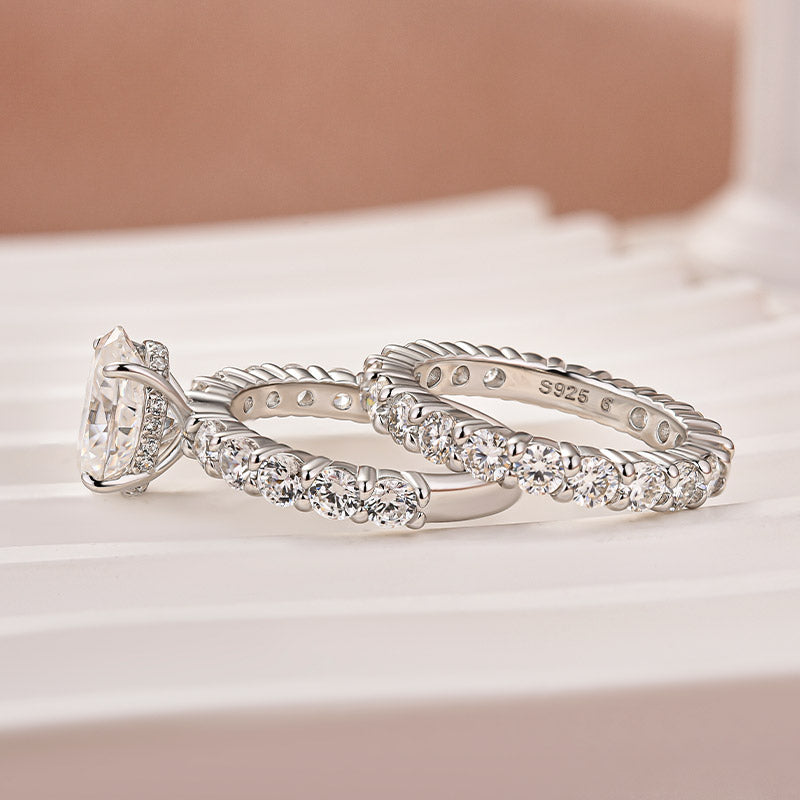 Aurevyn Moissanite 2.5Ct Oval Cut Side Stone White Gold Engagement Ring with Pavé Eternity Ring