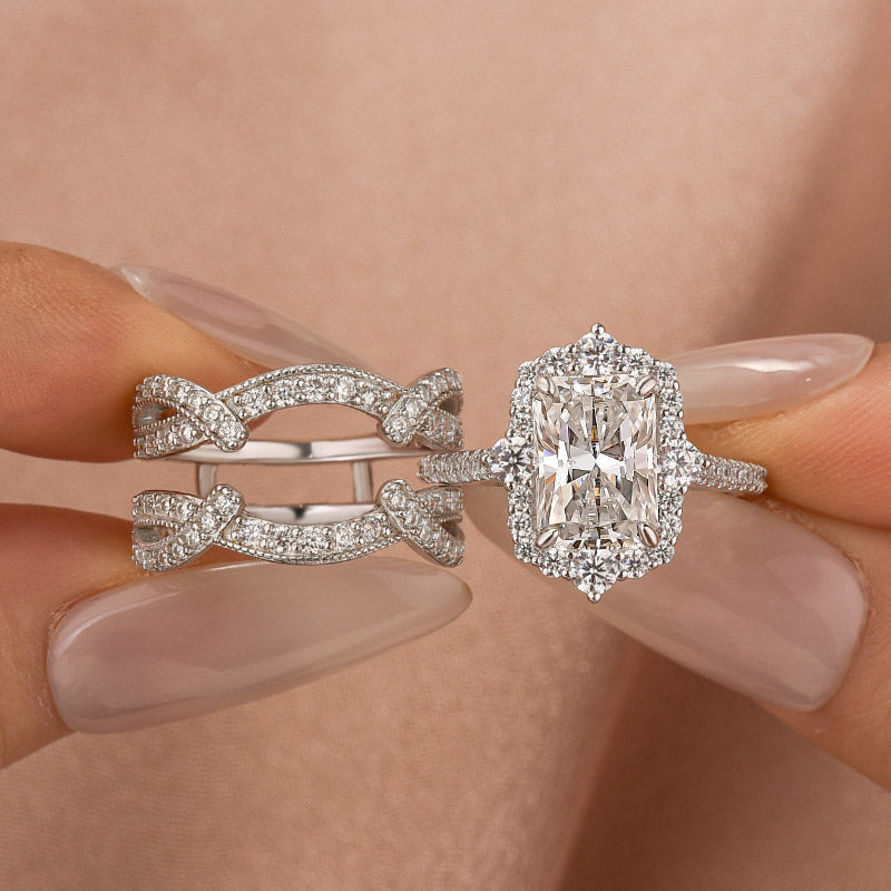 Aurevyn Moissanite 3.0Ct White Gold Halo Radiant Cut Stack Wedding Ring with Enhancer Wedding Band