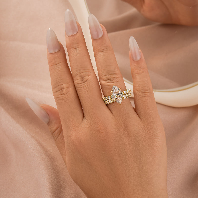 Aurevyn Moissanite 3.0Ct Marquise Cut Yellow Gold Wedding Ring with Oval Cut Wedding Ring