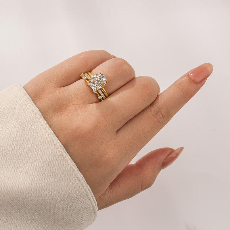 Aurevyn Moissanite 4.0Ct Cushion Cut Solitaire Yellow Gold 3PC Wedding Ring Set