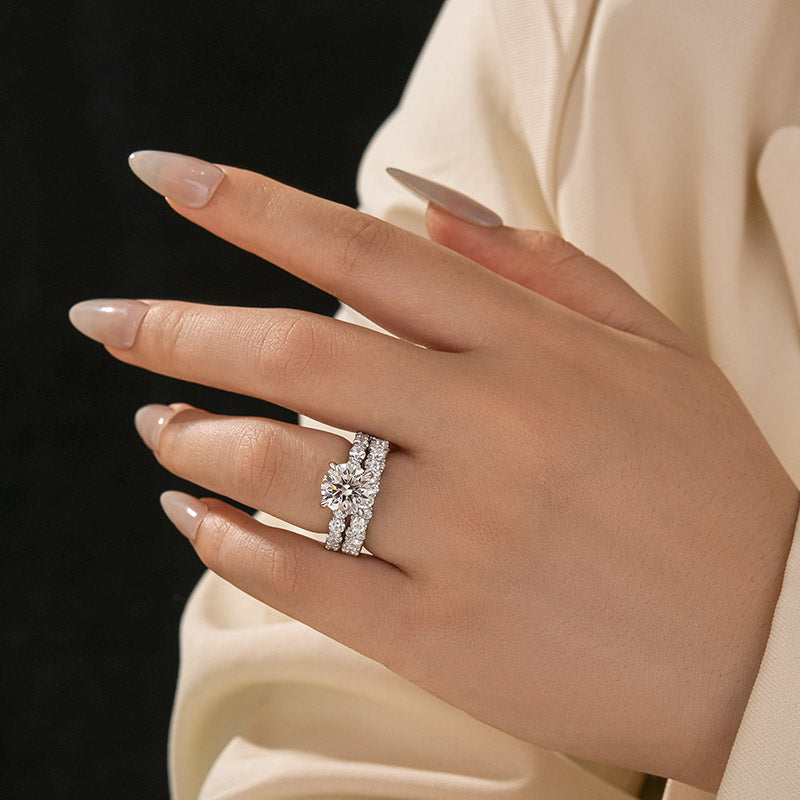 Aurevyn Moissanite 4.0Ct/3.0 Ct Round Cut White Gold Stack Wedding Ring with Round Cut Full Wedding Band