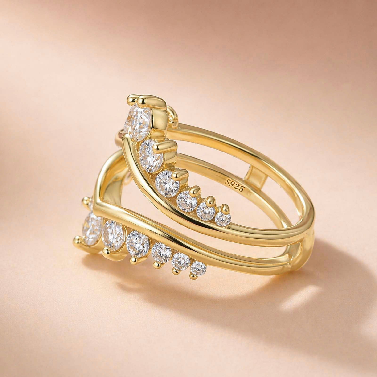 Aurevyn S925 Moissanite V-Shaped Crown Enhancer Band In 18K Yellow Gold Plated Silver
