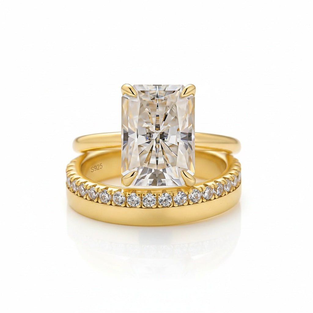 2PC Moissanite 4.5Ct Radiant Cut Solitaire Engagement Ring With Round Cut Wedding Band Wedding Ring Set