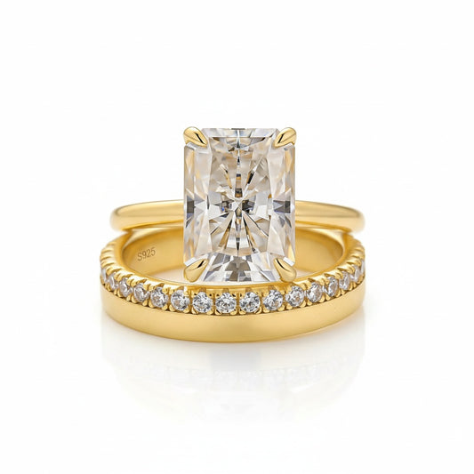 2PC Moissanite 4.5Ct Radiant Cut Solitaire Engagement Ring With Round Cut Wedding Band Wedding Ring Set