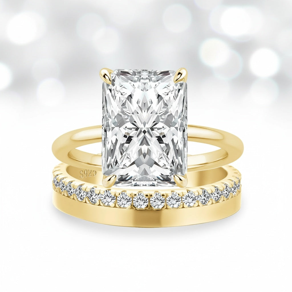 2PC Moissanite 4.5Ct Radiant Cut Solitaire Engagement Ring With Round Cut Wedding Band Wedding Ring Set