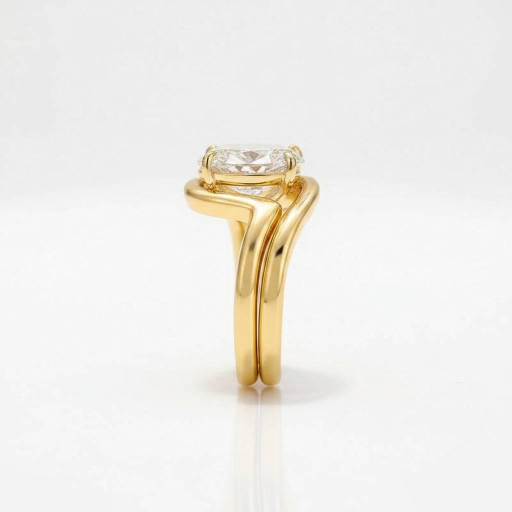 2PC Moissanite Wedding Sets 5.5Ct Oval Cut Yellow Gold Bypass Engagement Ring with Curved Wedding Band