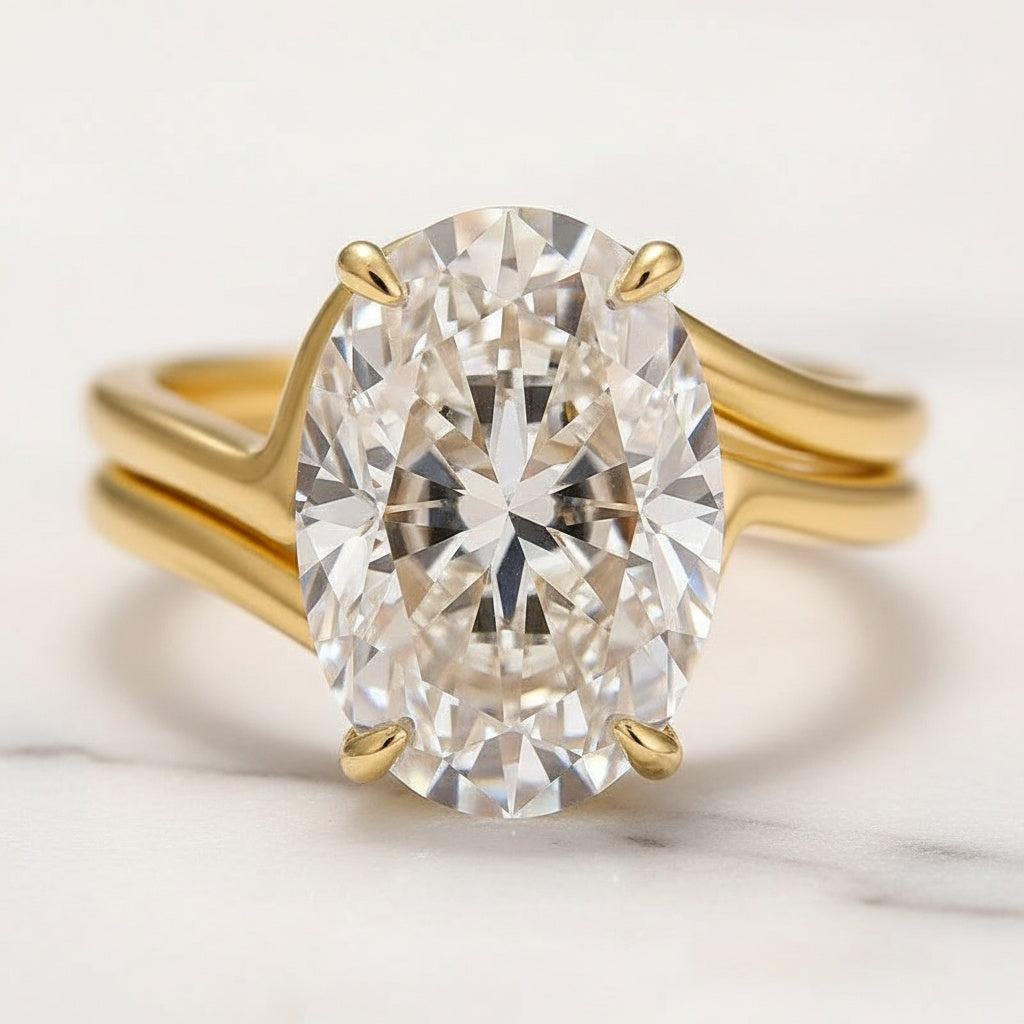 2PC Moissanite Wedding Sets 5.5Ct Oval Cut Yellow Gold Bypass Engagement Ring with Curved Wedding Band