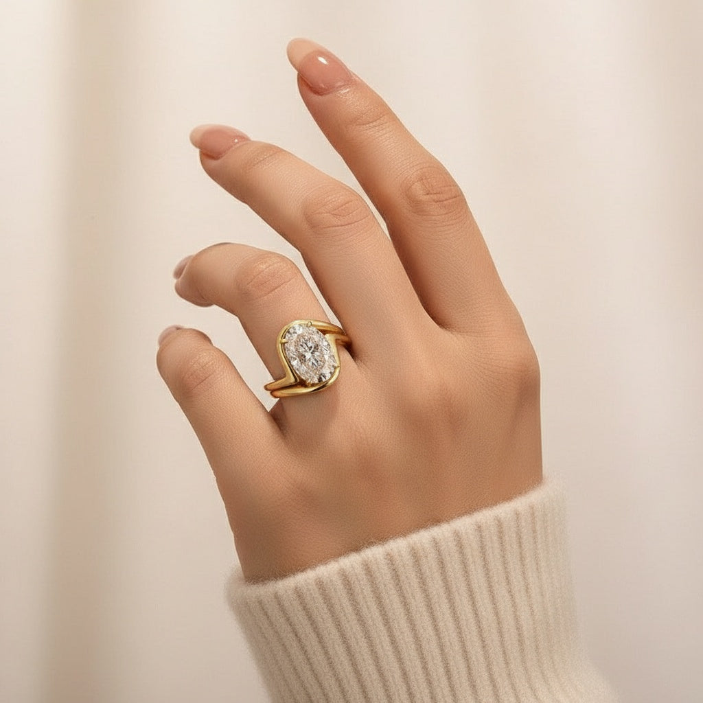 2PC Moissanite Wedding Sets 5.5Ct Oval Cut Yellow Gold Bypass Engagement Ring with Curved Wedding Band