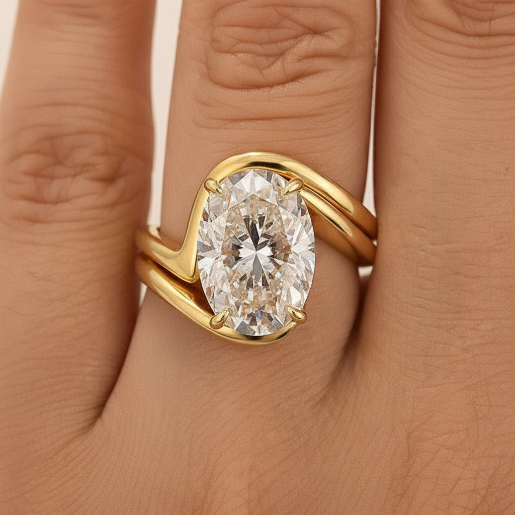 2PC Moissanite Wedding Sets 5.5Ct Oval Cut Yellow Gold Bypass Engagement Ring with Curved Wedding Band