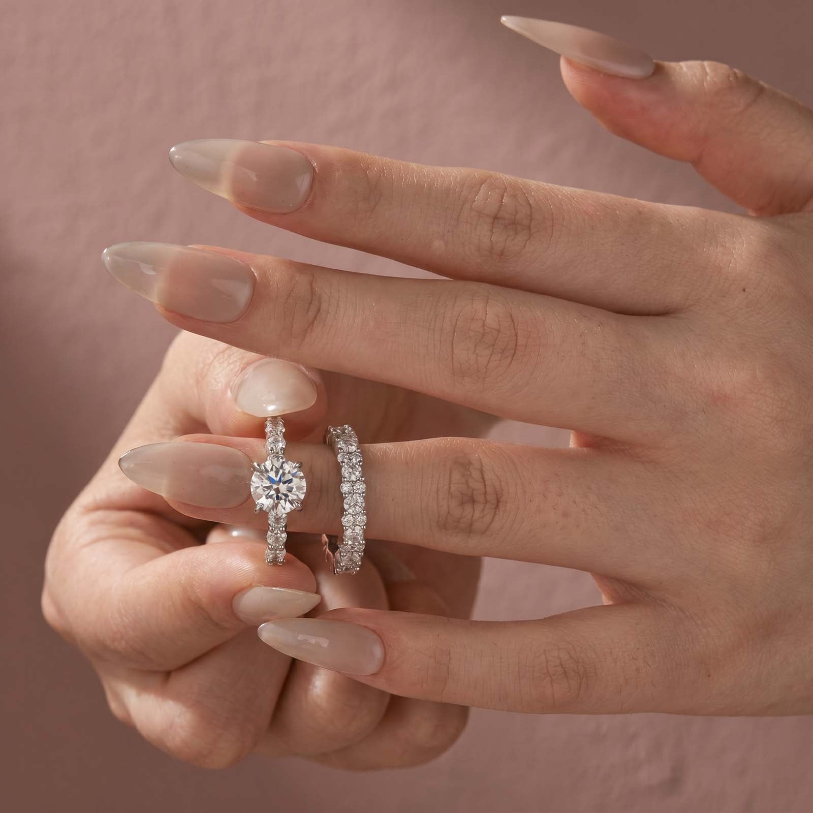 Aurevyn S925 2.0Ct Round Cut 2PC Brival Ring Set Solitaire Promise Ring & Pavé Eternity Band