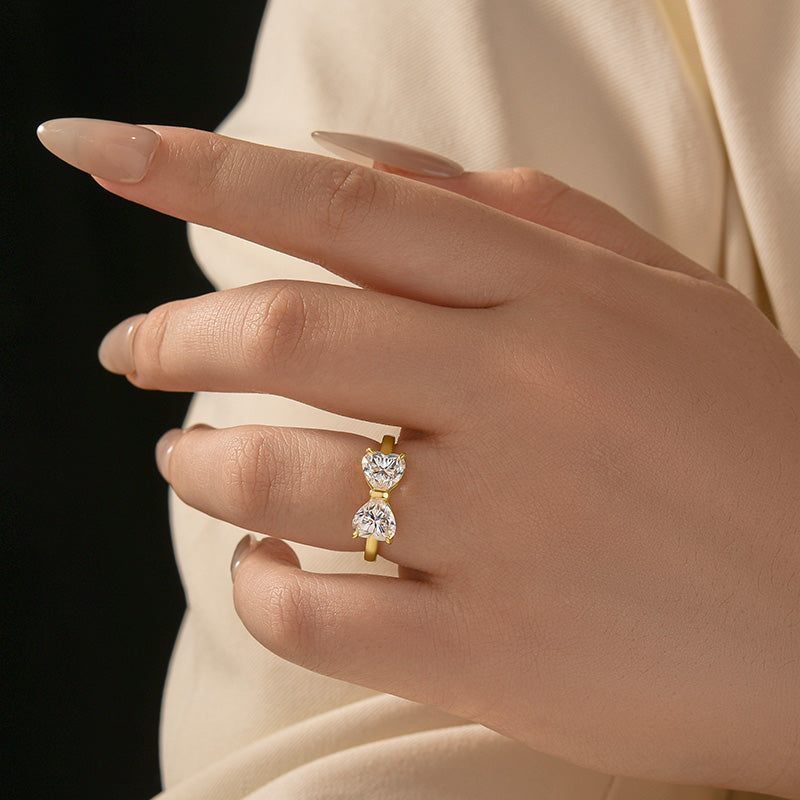 Aurevyn 1.0Ct*2 Heart Cut Toi et Moi Yellow Gold Moissanite Engagement Ring in S925 Sterling Silver
