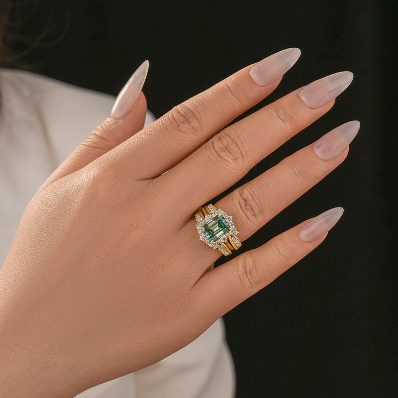 Aurevyn Moissanite 3.0Ct Yellow Gold Halo Emerald Stone Emerald Cut Engagement Ring with Enhancer Ring