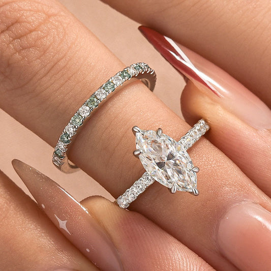Aurevyn 2.0Ct Marquise Cut Engagement Ring With Green & White Round Cut Wedding Band
