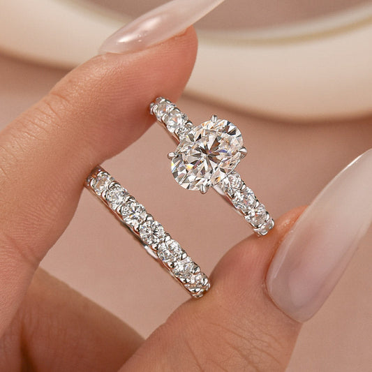 Aurevyn Moissanite 2.5Ct Oval Cut Side Stone White Gold Engagement Ring with Pavé Eternity Ring