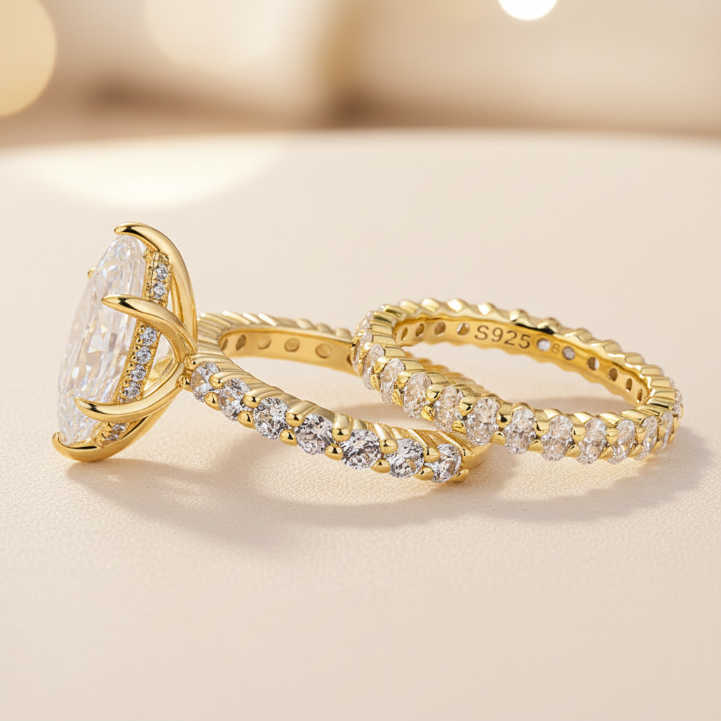 Aurevyn Moissanite 3.0Ct Marquise Cut Yellow Gold Wedding Ring with Oval Cut Wedding Ring