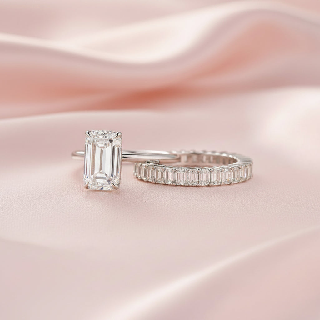 Aurevyn Moissanite 4.5Ct Solitaire Radiant Cut White Gold Wedding Ring with Emerald Cut Wedding Ring