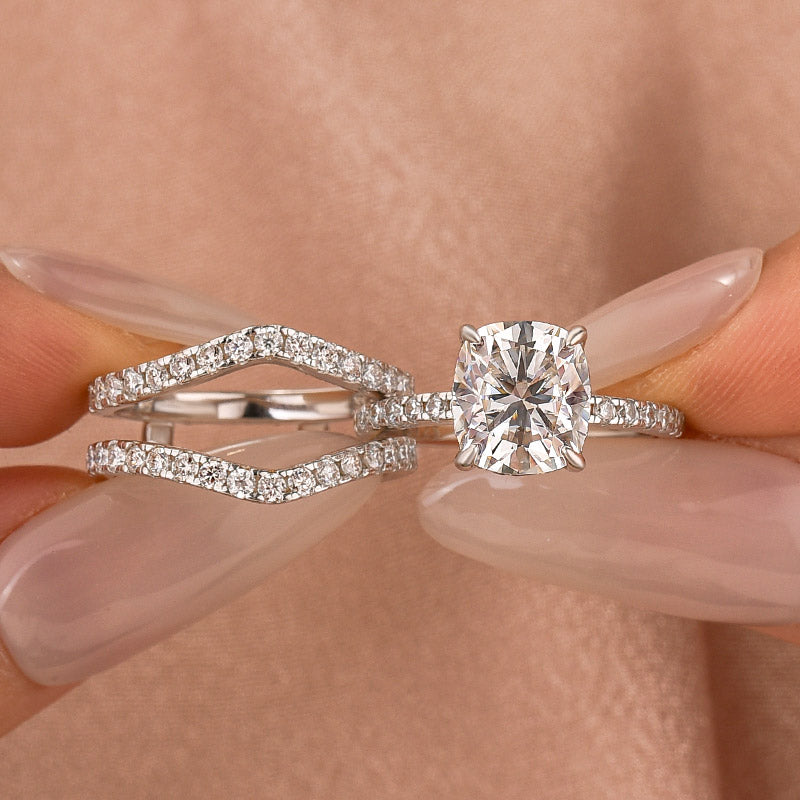 Aurevyn Moissanite 3.0Ct Cushion Cut/2.0Ct Princess Cut White Gold Wedding Ring with Enhancer Ring
