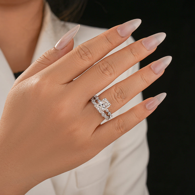 Aurevyn Moissanite 3.5 Ct Radiant Cut White Gold Engagement Ring with Marquise & Round Wedding Ring