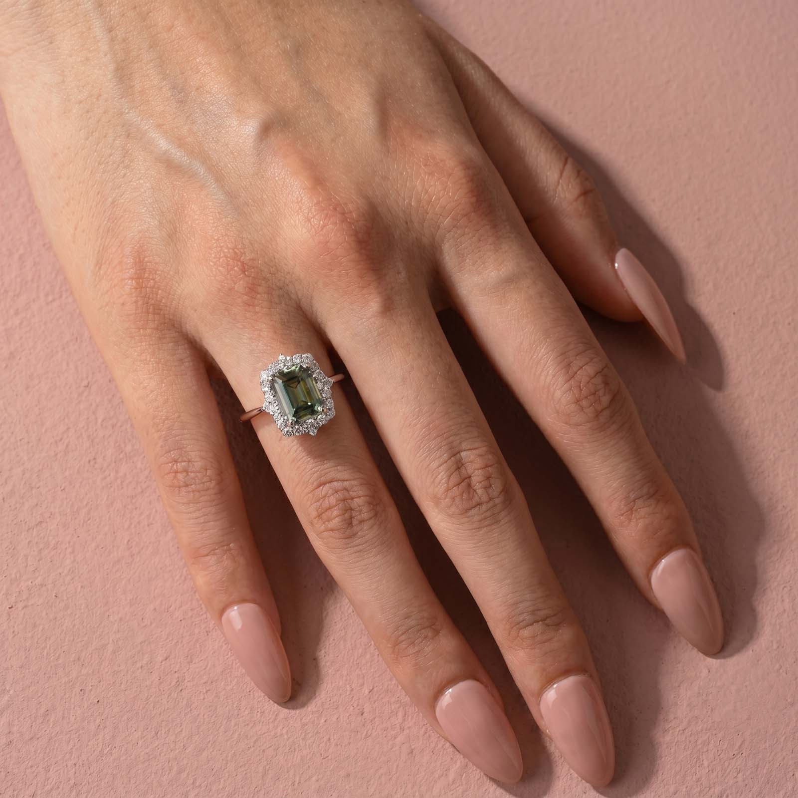 Aurevyn Moissanite 3.0Ct Halo Emerald Stone Emerald Cut Engagement Ring in Sterling Silver
