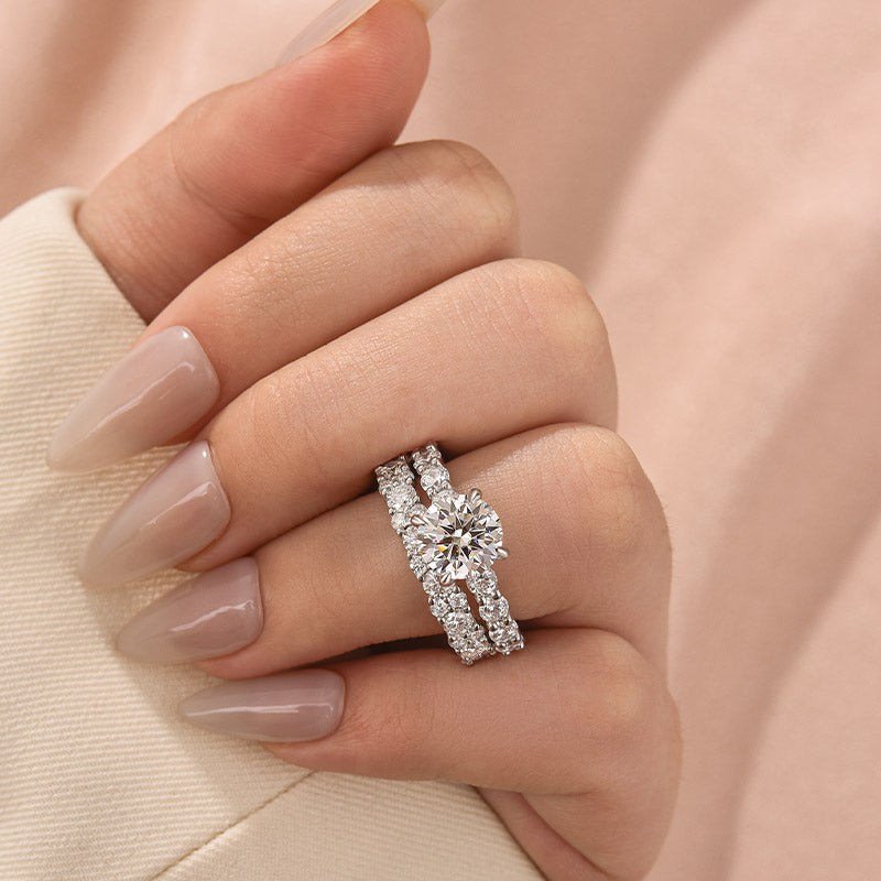 Aurevyn Moissanite 4.0Ct/3.0 Ct Round Cut White Gold Stack Wedding Ring with Round Cut Full Wedding Band
