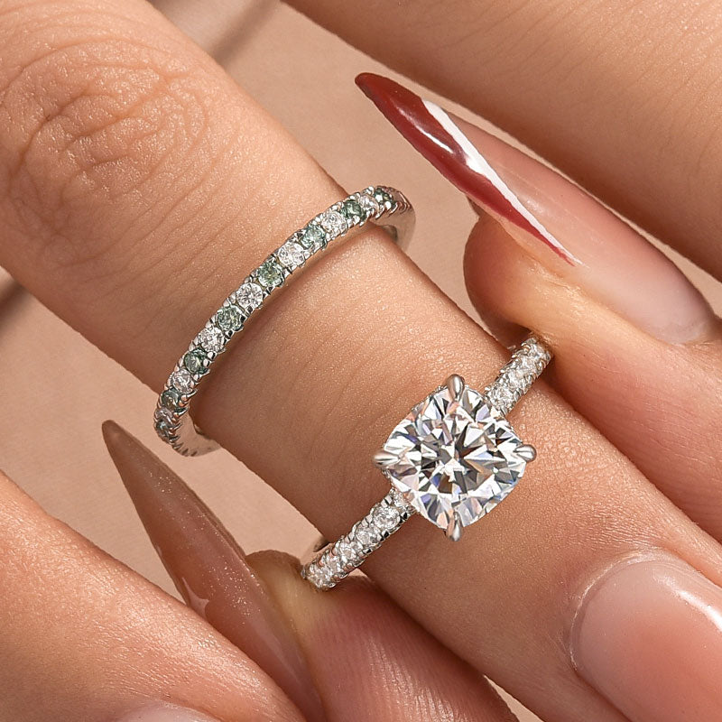 Aurevyn 2.0Ct Cushion Cut Engagement Ring With Green & White Round Cut Wedding Band