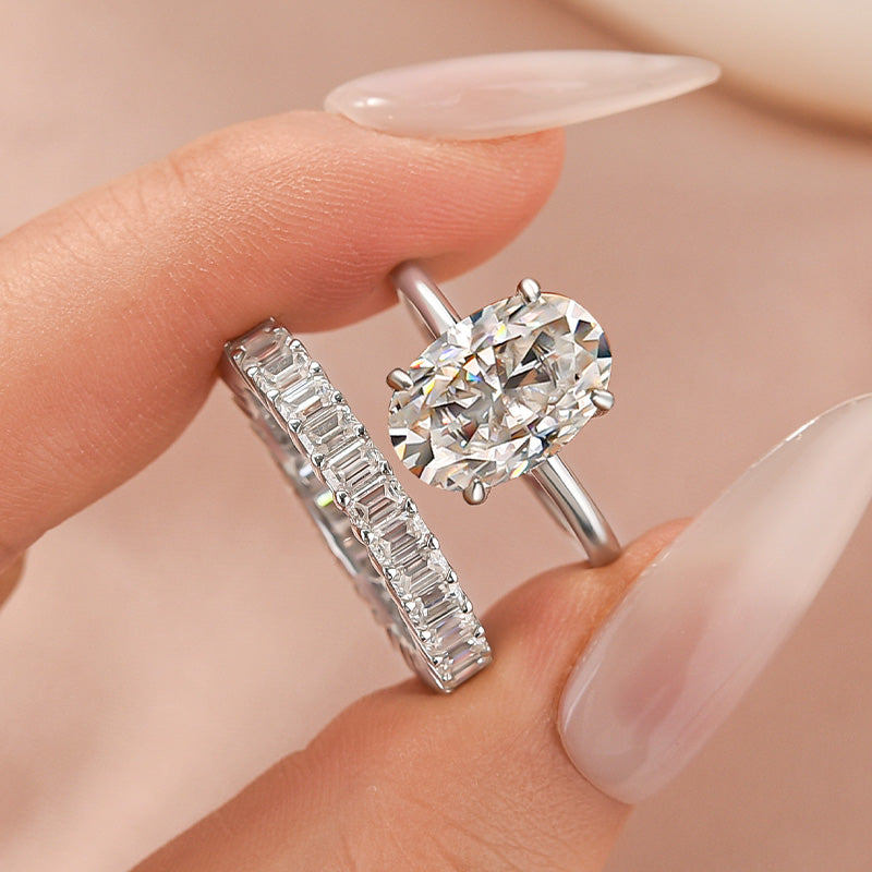 Aurevyn Moissanite 4.0Ct Solitaire Oval Cut/3.5Ct Emerald Cut White Gold Wedding Ring with Emerald Cut Wedding Ring