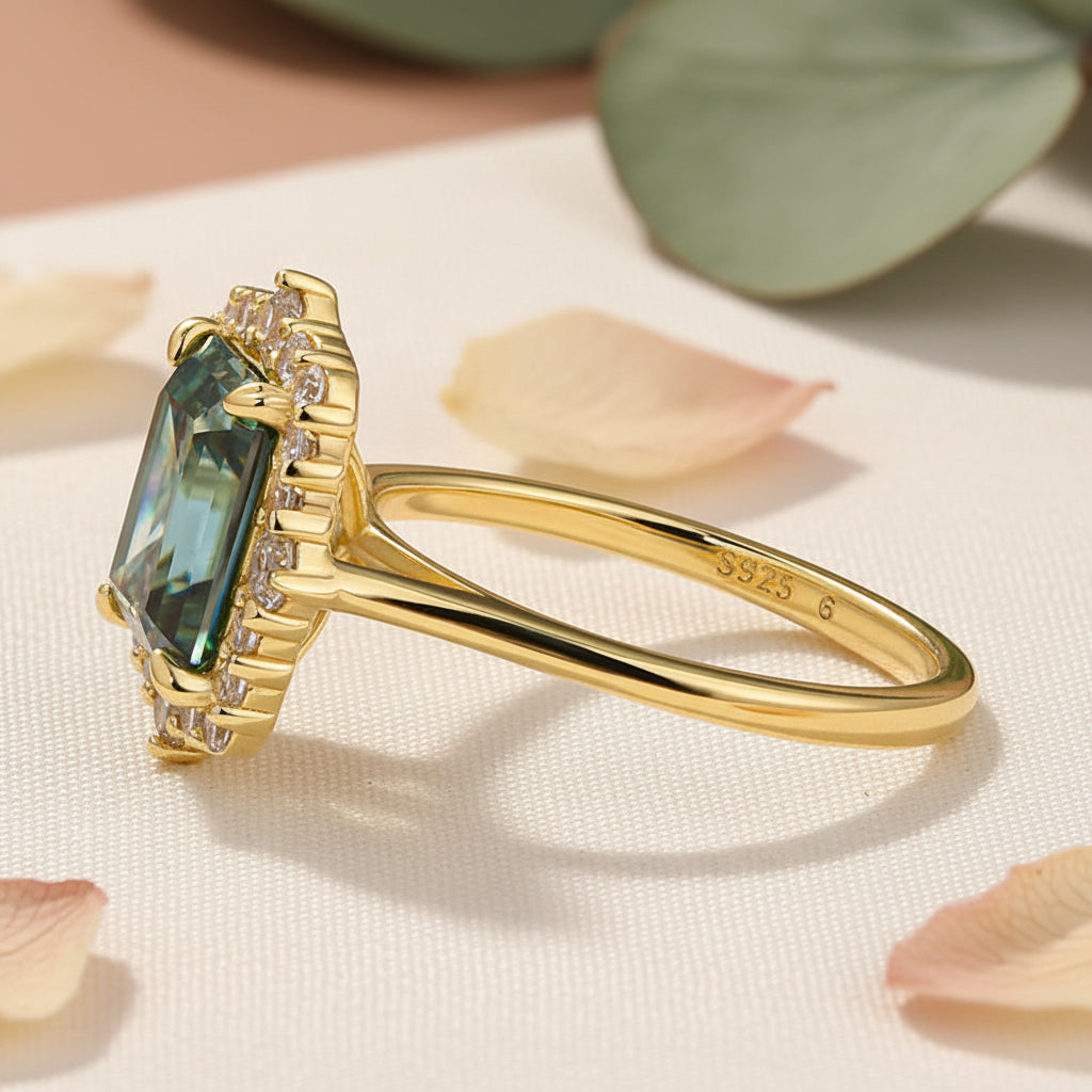 Aurevyn Moissanite 3.0Ct Halo Emerald Stone Emerald Cut Engagement Ring in Sterling Silver