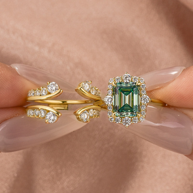 Aurevyn Moissanite 3.0Ct Yellow Gold Halo Emerald Stone Emerald Cut Engagement Ring with Enhancer Ring