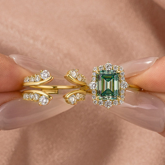 Aurevyn Moissanite 3.0Ct Yellow Gold Halo Emerald Stone Emerald Cut Engagement Ring with Enhancer Ring