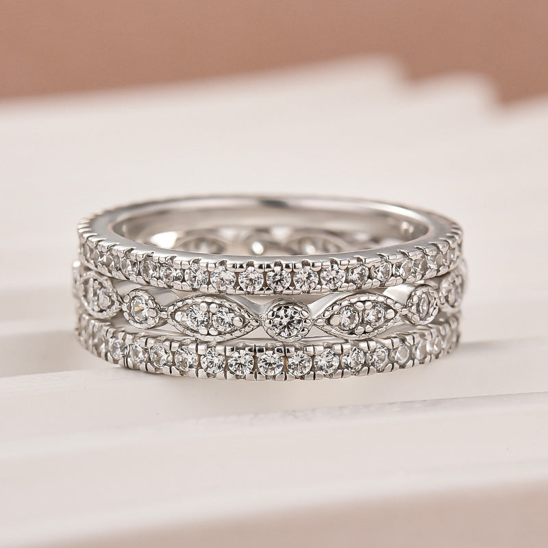 Aurevyn Eternity 3PCS Stacking Moissanite Wedding Band Set In White Gold Plated