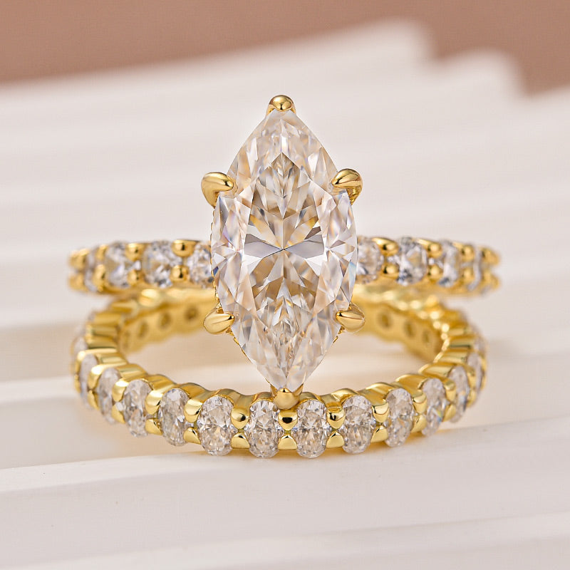 Aurevyn Moissanite 3.0Ct Marquise Cut Yellow Gold Wedding Ring with Oval Cut Wedding Ring