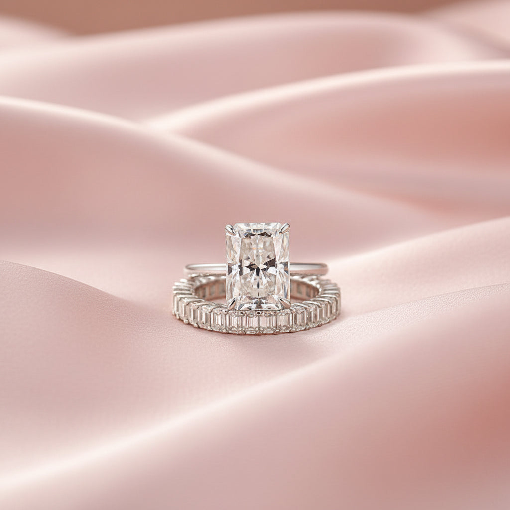 Aurevyn Moissanite 4.5Ct Solitaire Radiant Cut White Gold Wedding Ring with Emerald Cut Wedding Ring